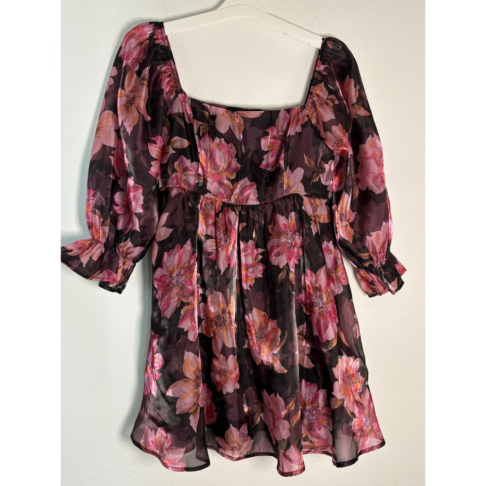 Lovesick Floral Chiffon Mini Dress Pink Mauve Smocked Back Square Neck L